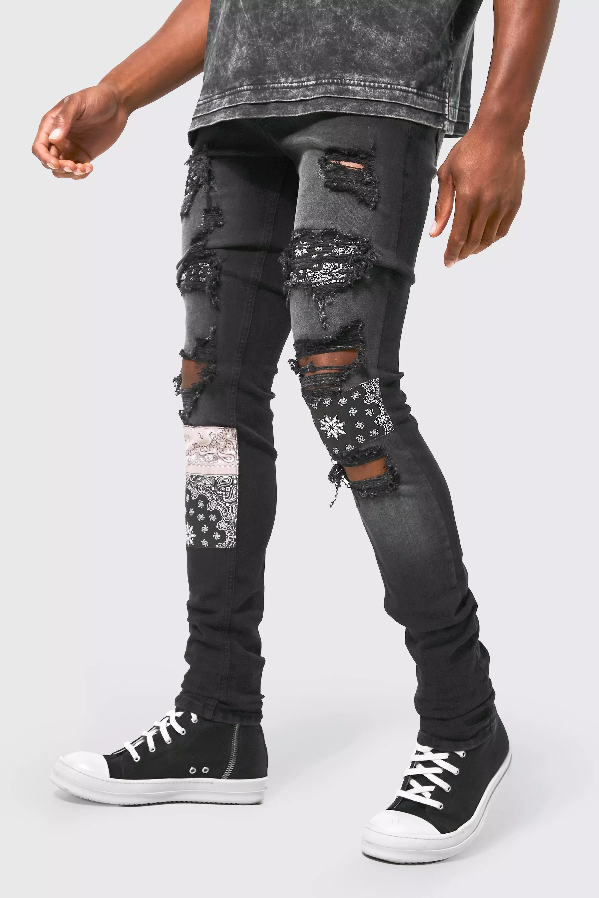 Skinny Stacked Paisley Patch Biker Jeans boohooMAN